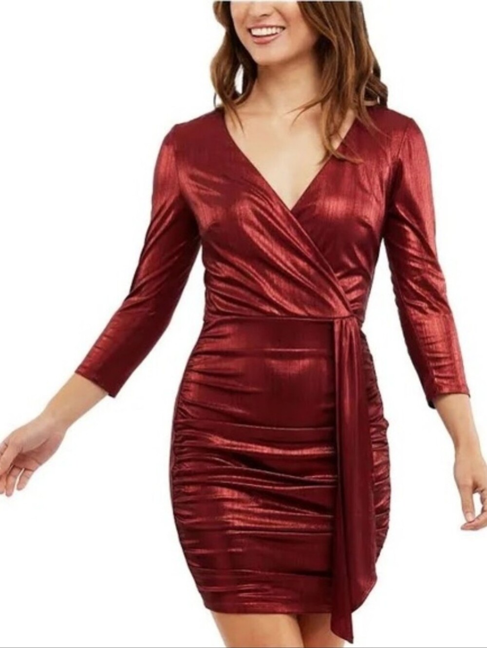 I.N. San Francisco Shimmery Red Wrap-Style Long Sleeve Dress